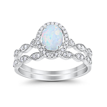 Halo Bridal Set Piece Art Deco Oval Lab Created White Opal Ring 925 Sterling Silver
